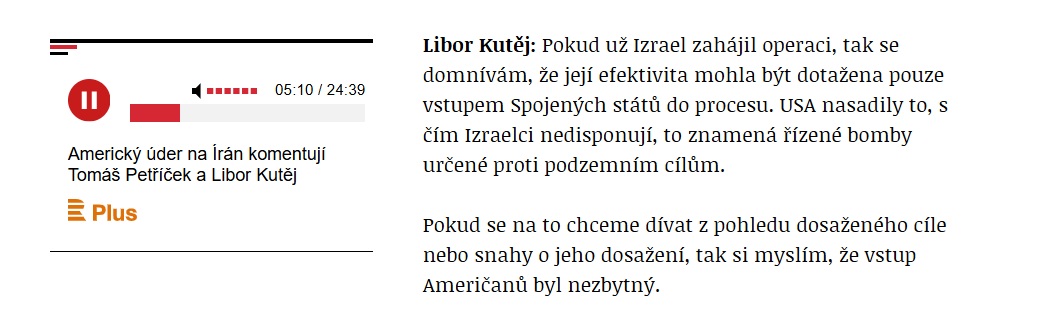 Přečtete si více ze článku Libor Kutěj o izraelském útoku na íránská jaderná zařízení